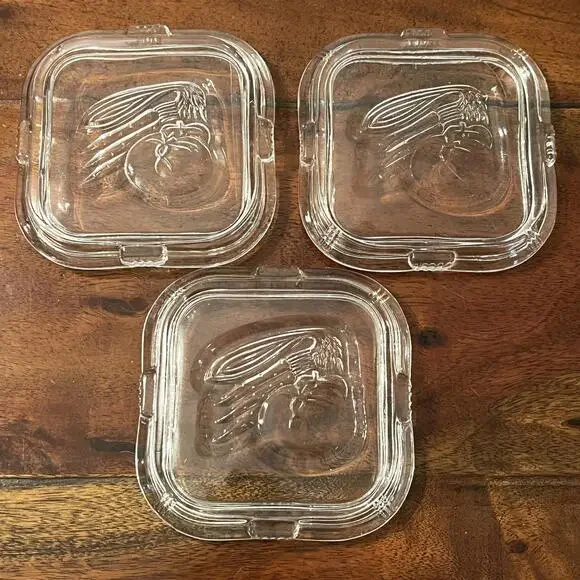 Vintage Clear Federal Glass Refrigerator Dish lids 4" Embossed Vegetables Set 3 - Picture 1 of 4